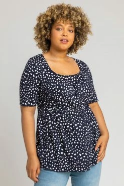 Roman Blue Curve Spot Print Gathered Top