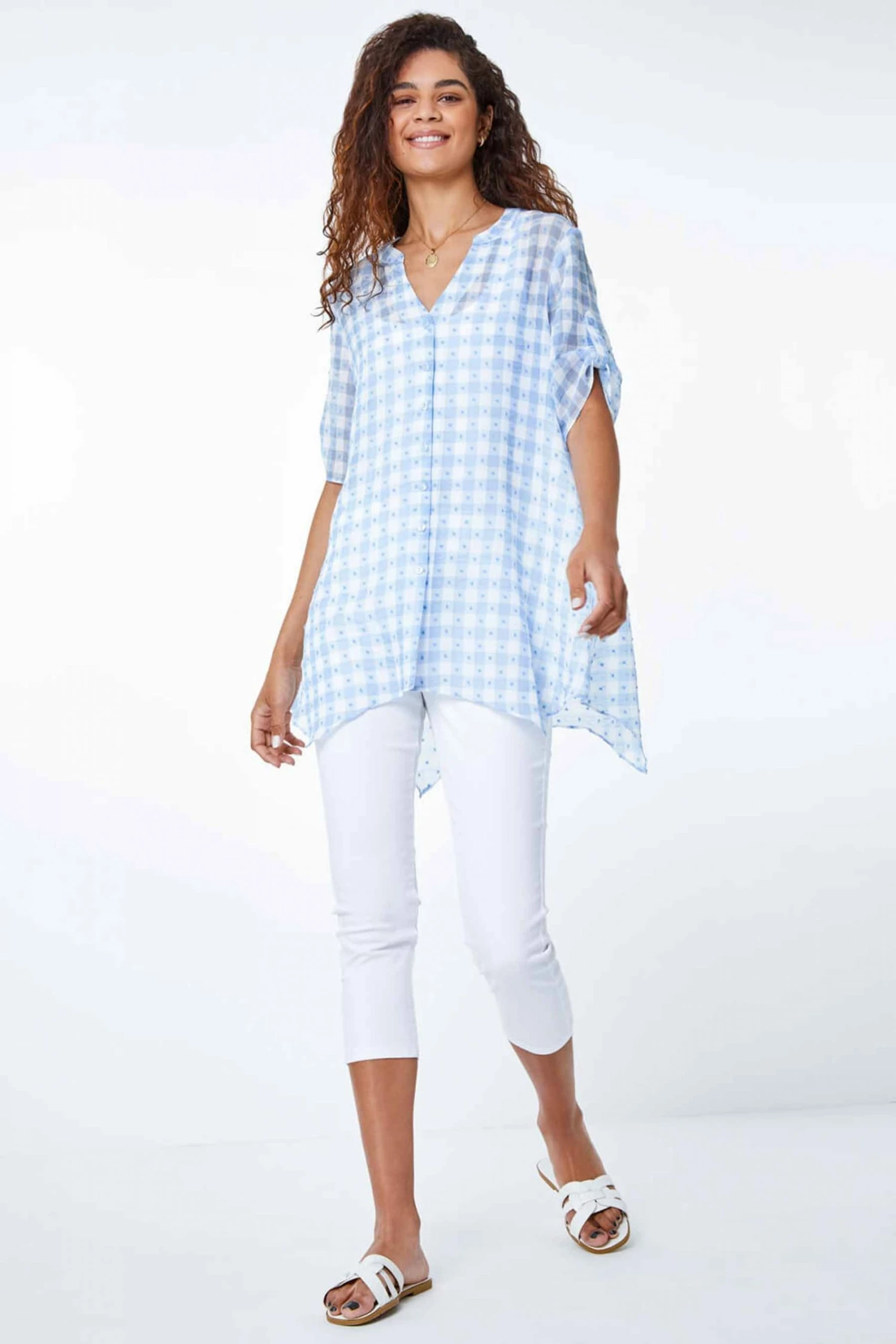 Roman Blue Textured Check Hanky Hem Blouse 4 Roman Blue Textured Check Hanky Hem Blouse - Image 2
