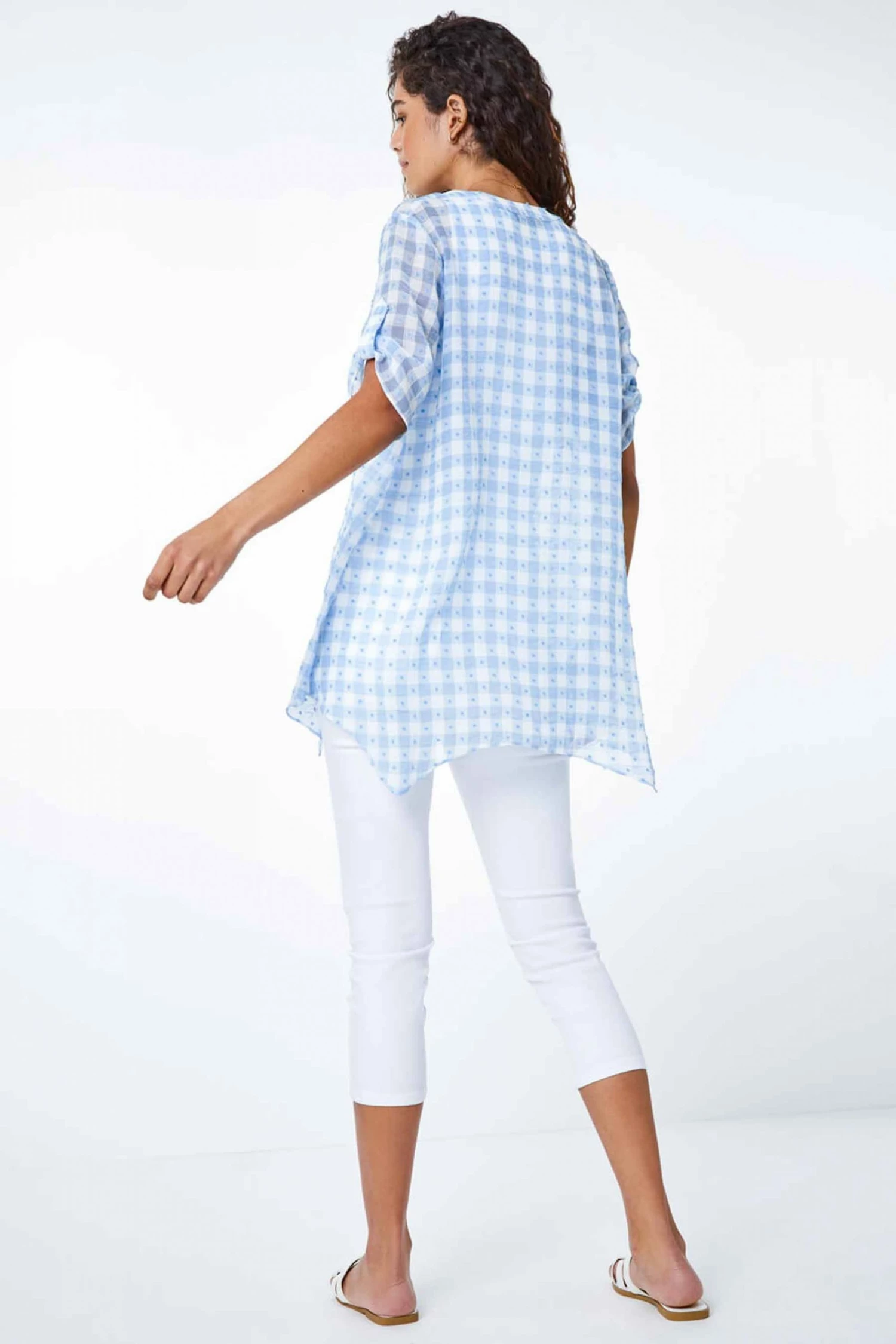 Roman Blue Textured Check Hanky Hem Blouse 5 Roman Blue Textured Check Hanky Hem Blouse - Image 3