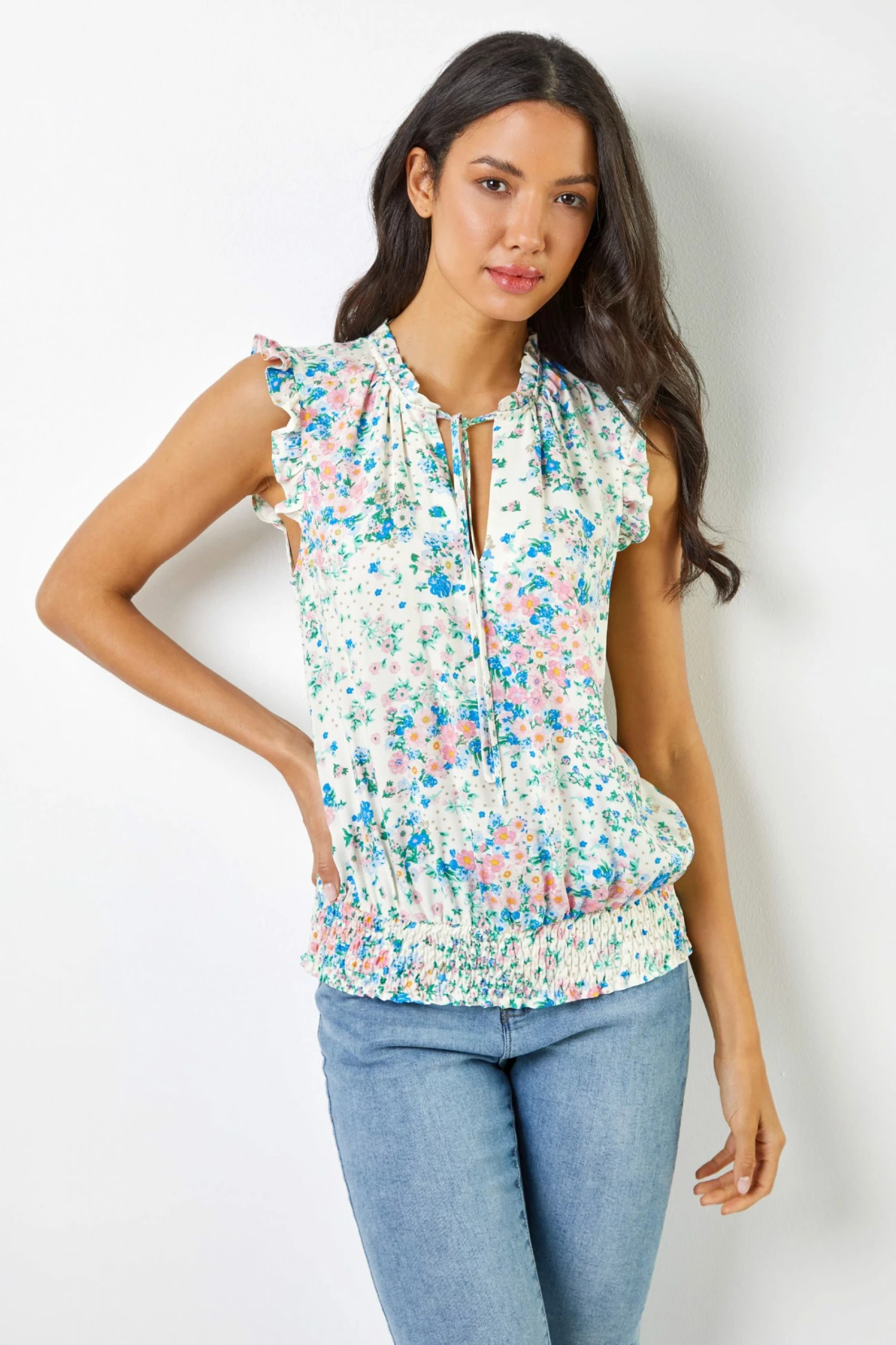 Roman White Ditsy Floral Print Shirred Blouson Hem Top 3 Roman White Ditsy Floral Print Shirred Blouson Hem Top