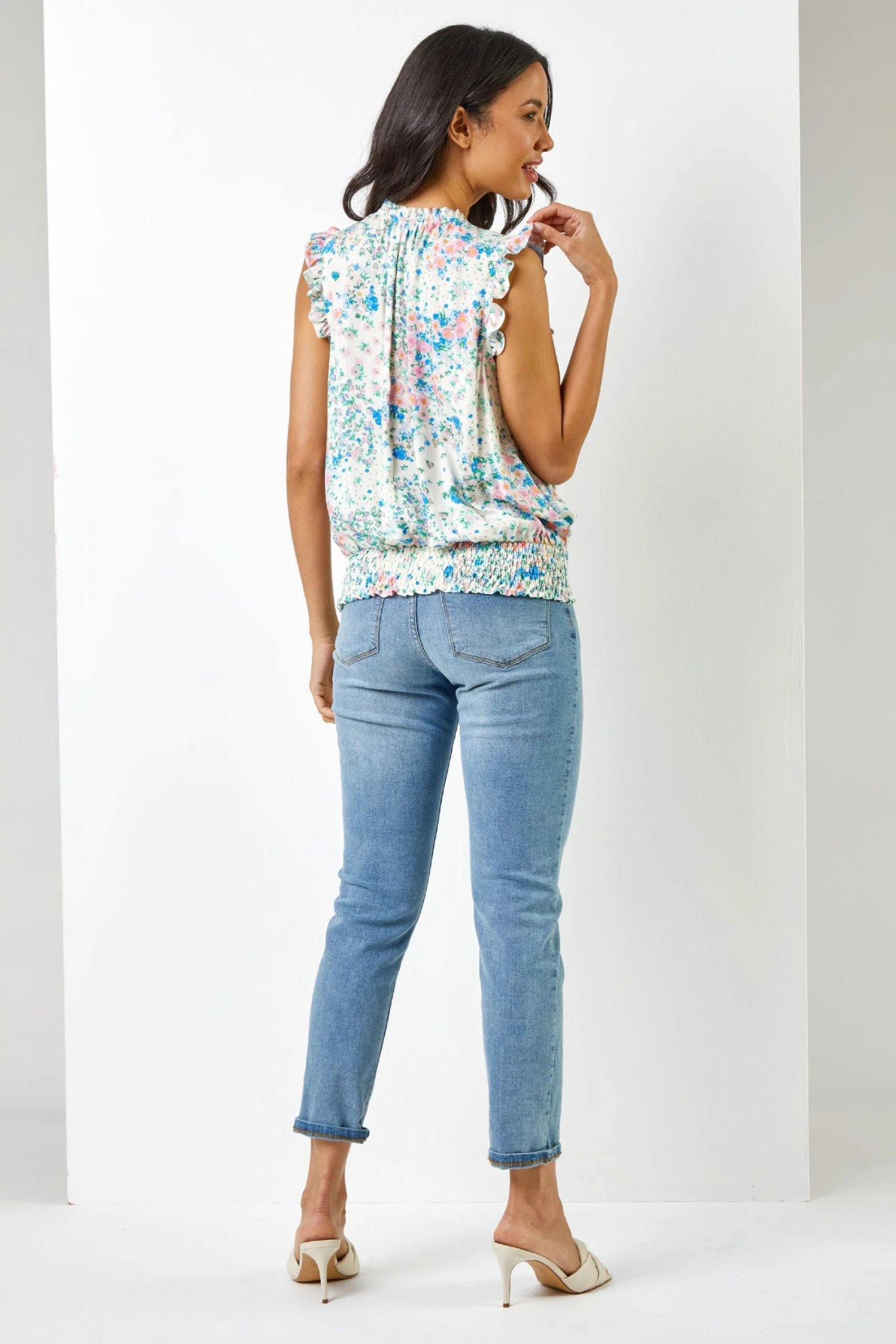 Roman White Ditsy Floral Print Shirred Blouson Hem Top 4 Roman White Ditsy Floral Print Shirred Blouson Hem Top - Image 2