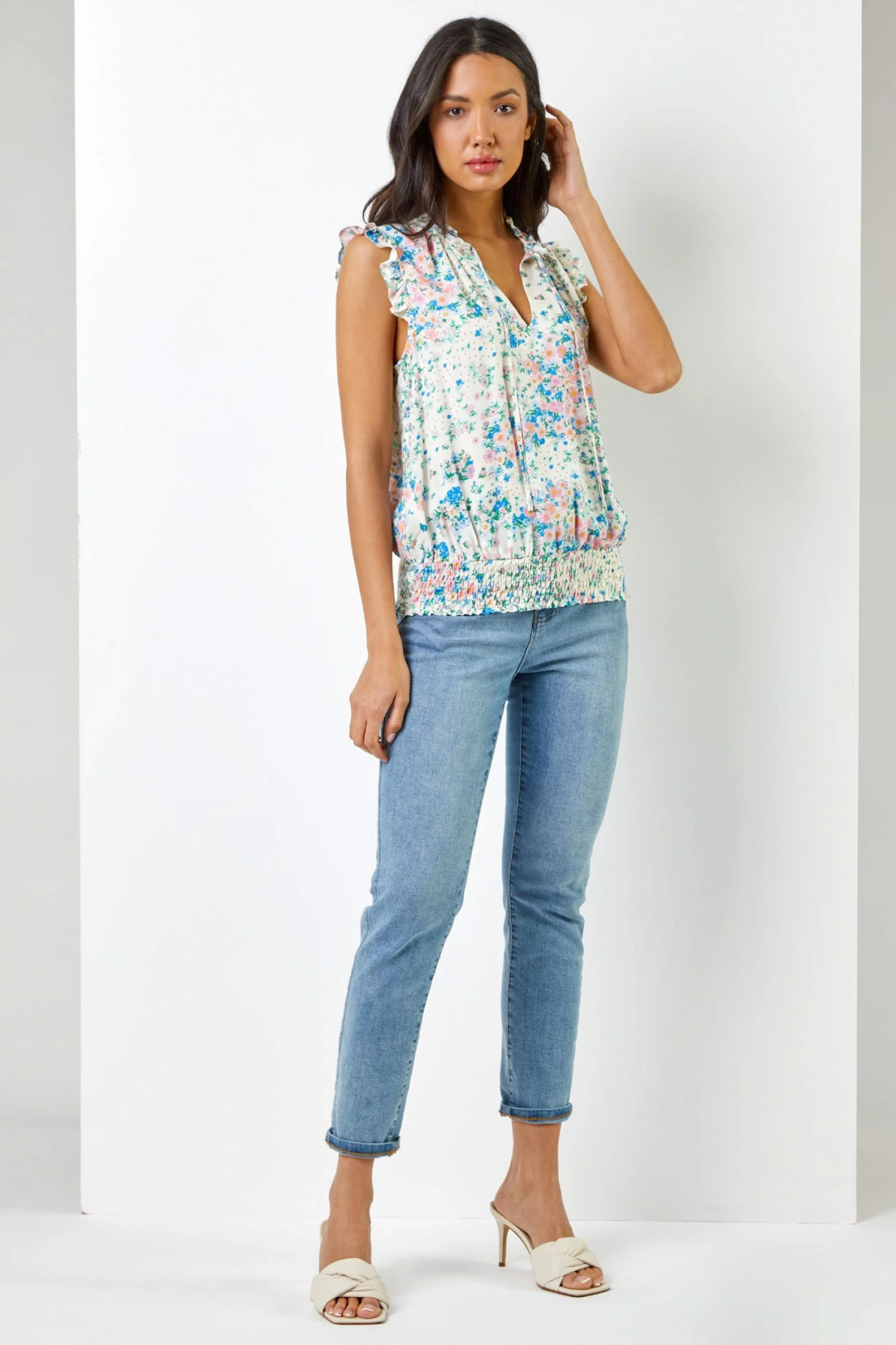 Roman White Ditsy Floral Print Shirred Blouson Hem Top 5 Roman White Ditsy Floral Print Shirred Blouson Hem Top - Image 3