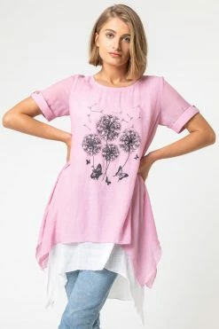 Roman Pink Dandelion Floral Hanky Hem Tunic Top