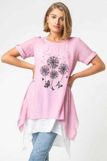 Roman Pink Dandelion Floral Hanky Hem Tunic Top 6 Roman Pink Dandelion Floral Hanky Hem Tunic Top - Image 5