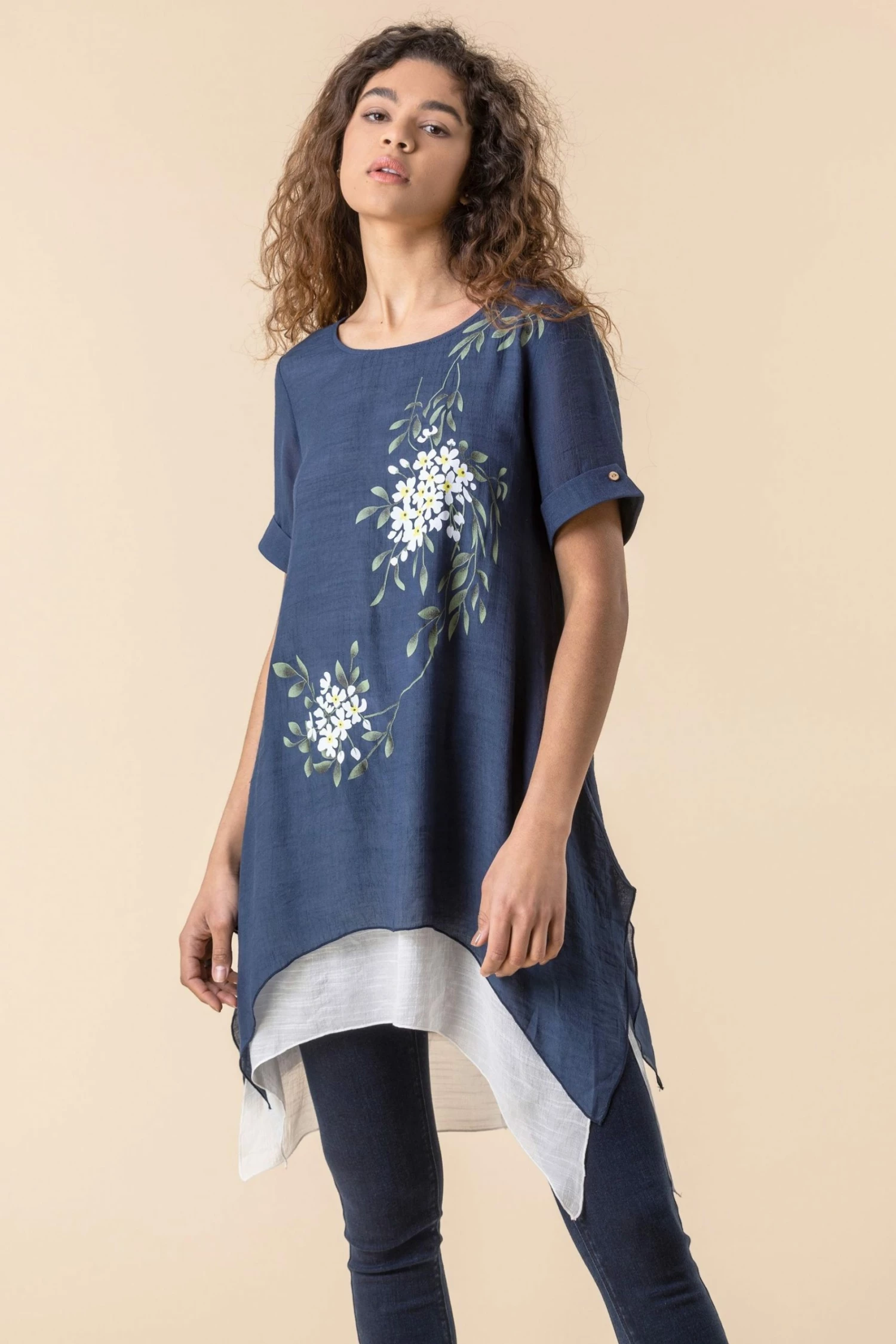 Roman Navy Floral Print Asymmetric Tunic Top 3 Roman Navy Floral Print Asymmetric Tunic Top
