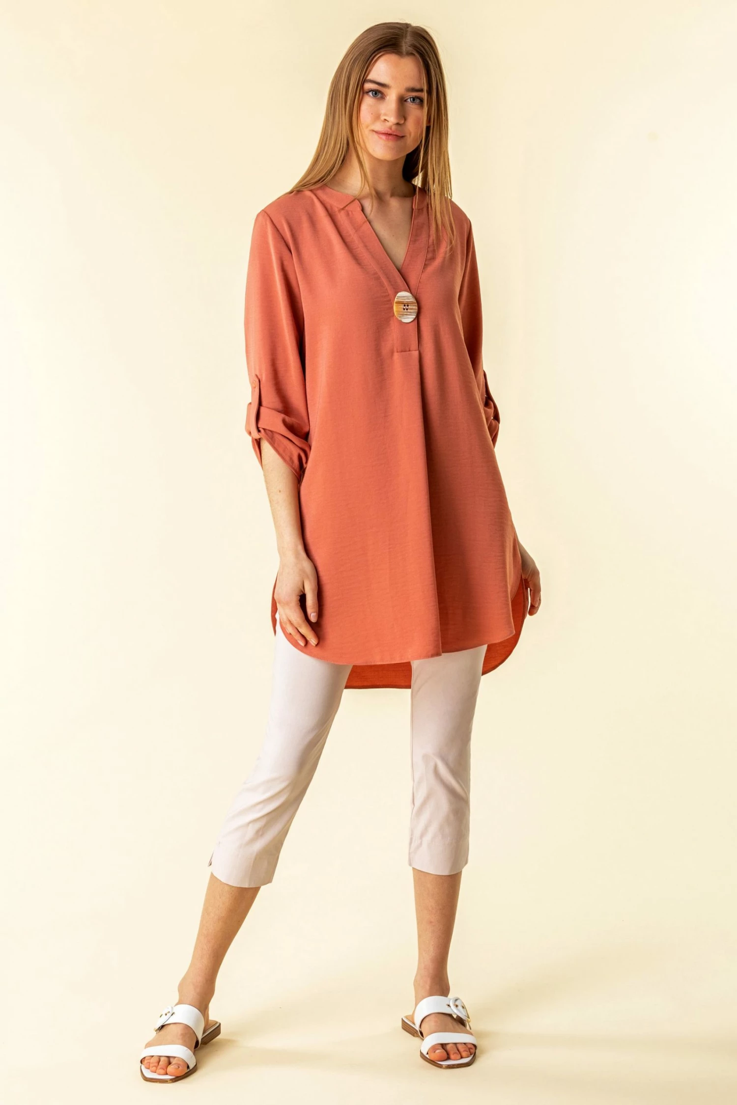 Roman Coral Pink Longline Button Detail Tunic Top 4 Roman Coral Pink Longline Button Detail Tunic Top - Image 2