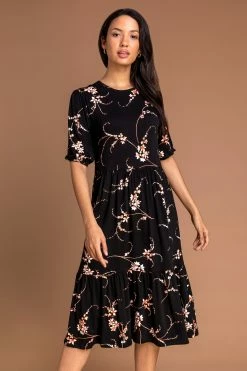Roman Black Floral Print Tiered Midi Dress