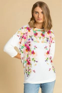 Roman White Floral Border Print Top