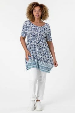 Roman Blue Curve Tile Print Longline Top