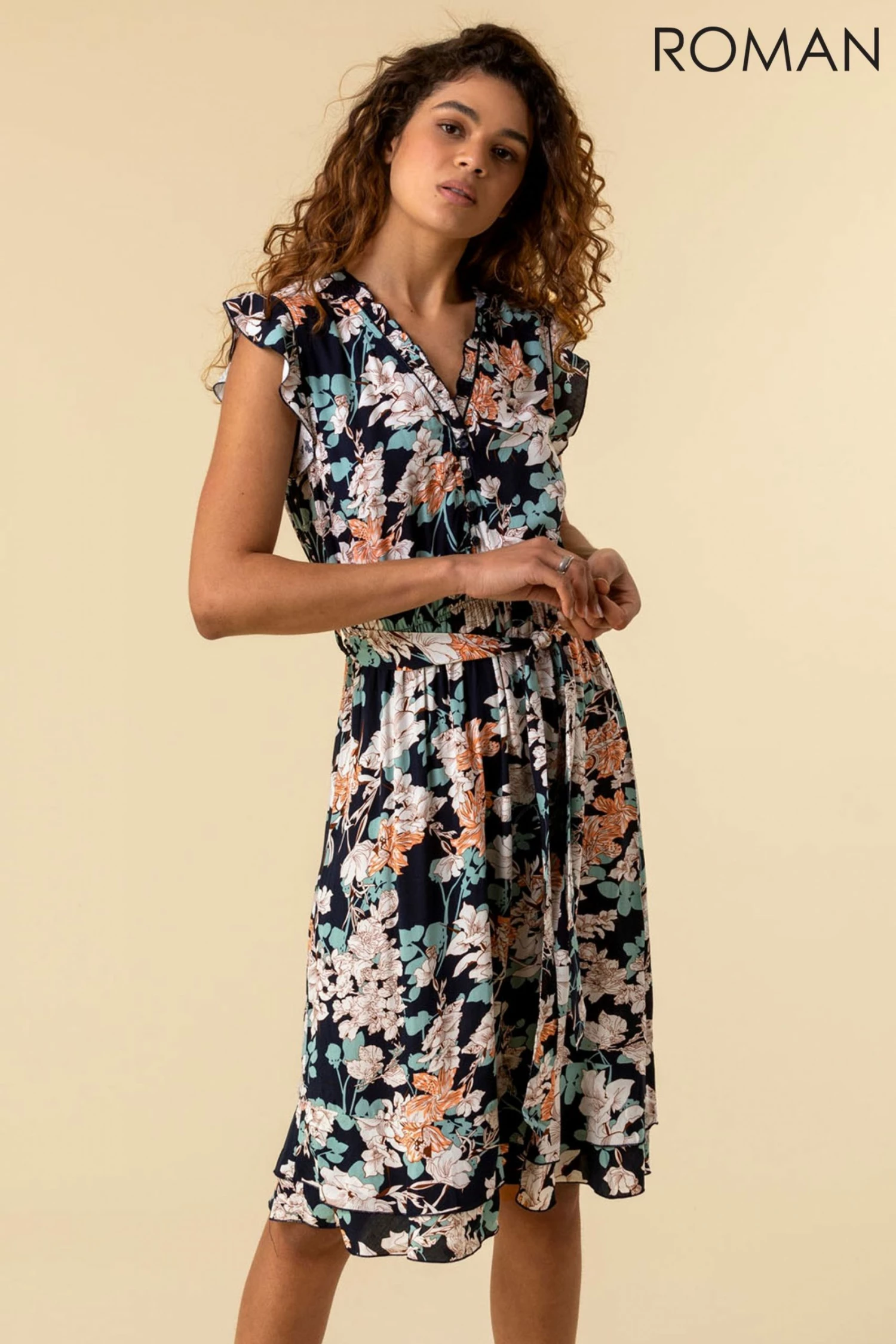 Roman Navy Tie Front Frill Detail Dress 3 Roman Navy Tie Front Frill Detail Dress