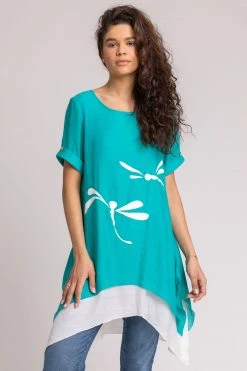 Roman Blue Dragonfly Print Asymmetric Tunic Top