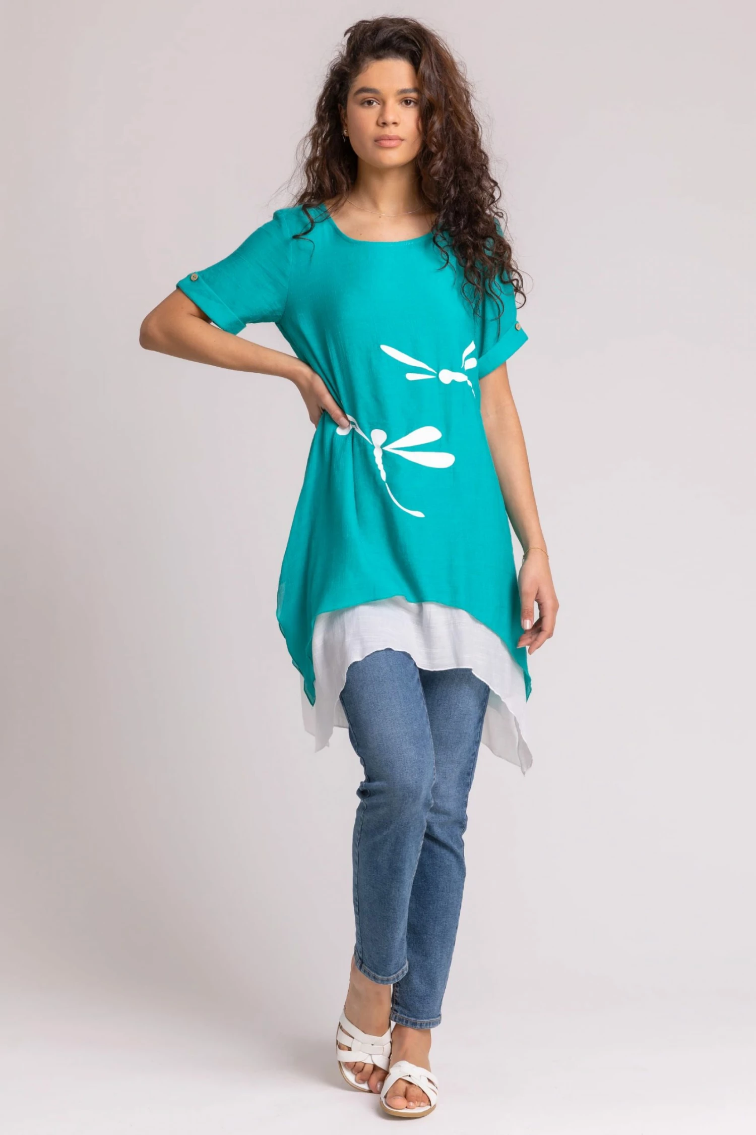 Roman Blue Dragonfly Print Asymmetric Tunic Top 5 Roman Blue Dragonfly Print Asymmetric Tunic Top - Image 3