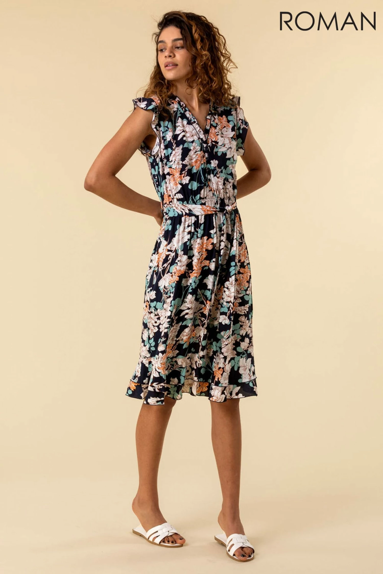 Roman Navy Tie Front Frill Detail Dress 5 Roman Navy Tie Front Frill Detail Dress - Image 3