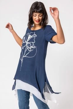 Roman Blue Floral Motif Print Asymmetric Tunic Top