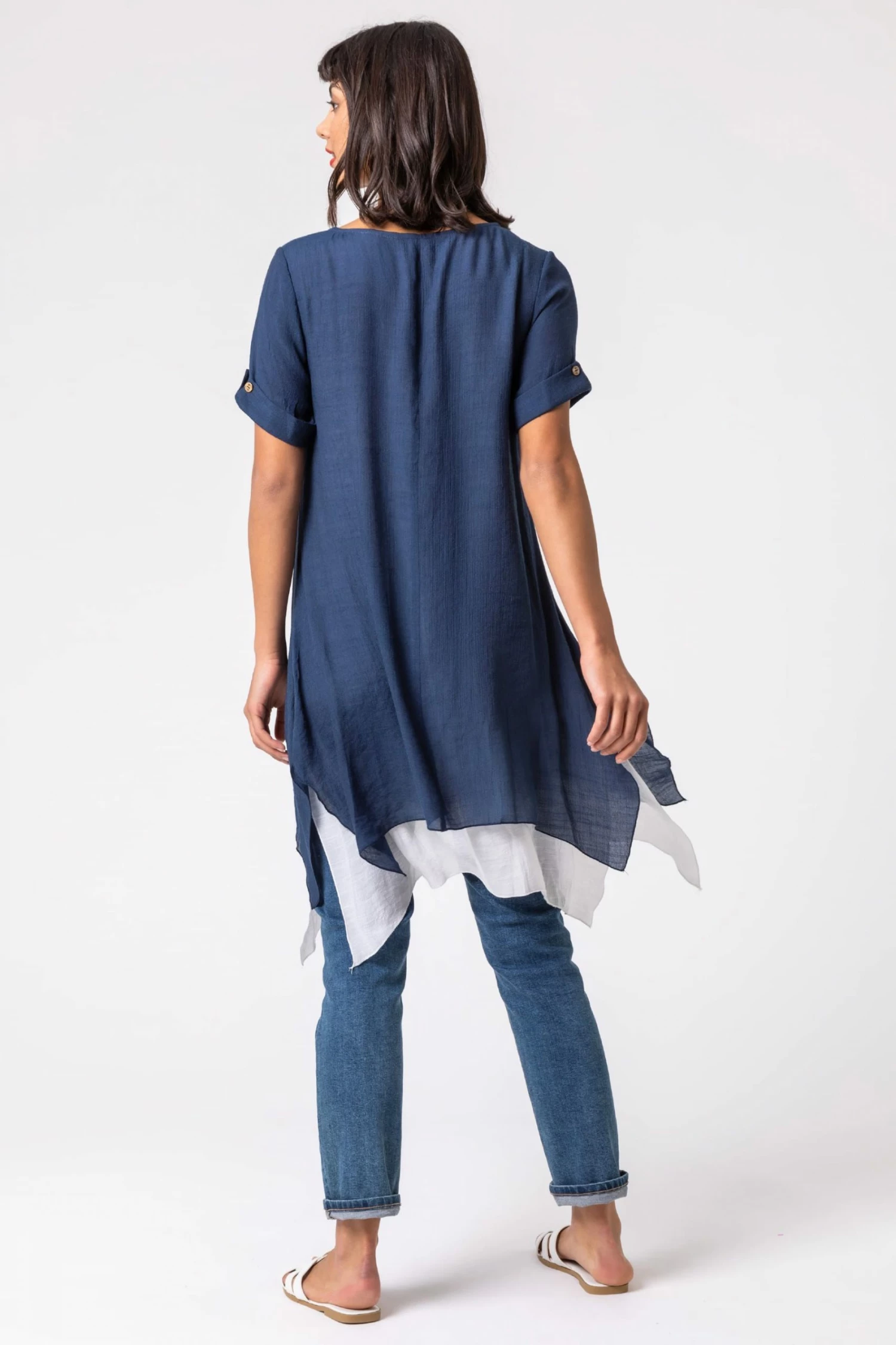 Roman Blue Floral Motif Print Asymmetric Tunic Top 4 Roman Blue Floral Motif Print Asymmetric Tunic Top - Image 2