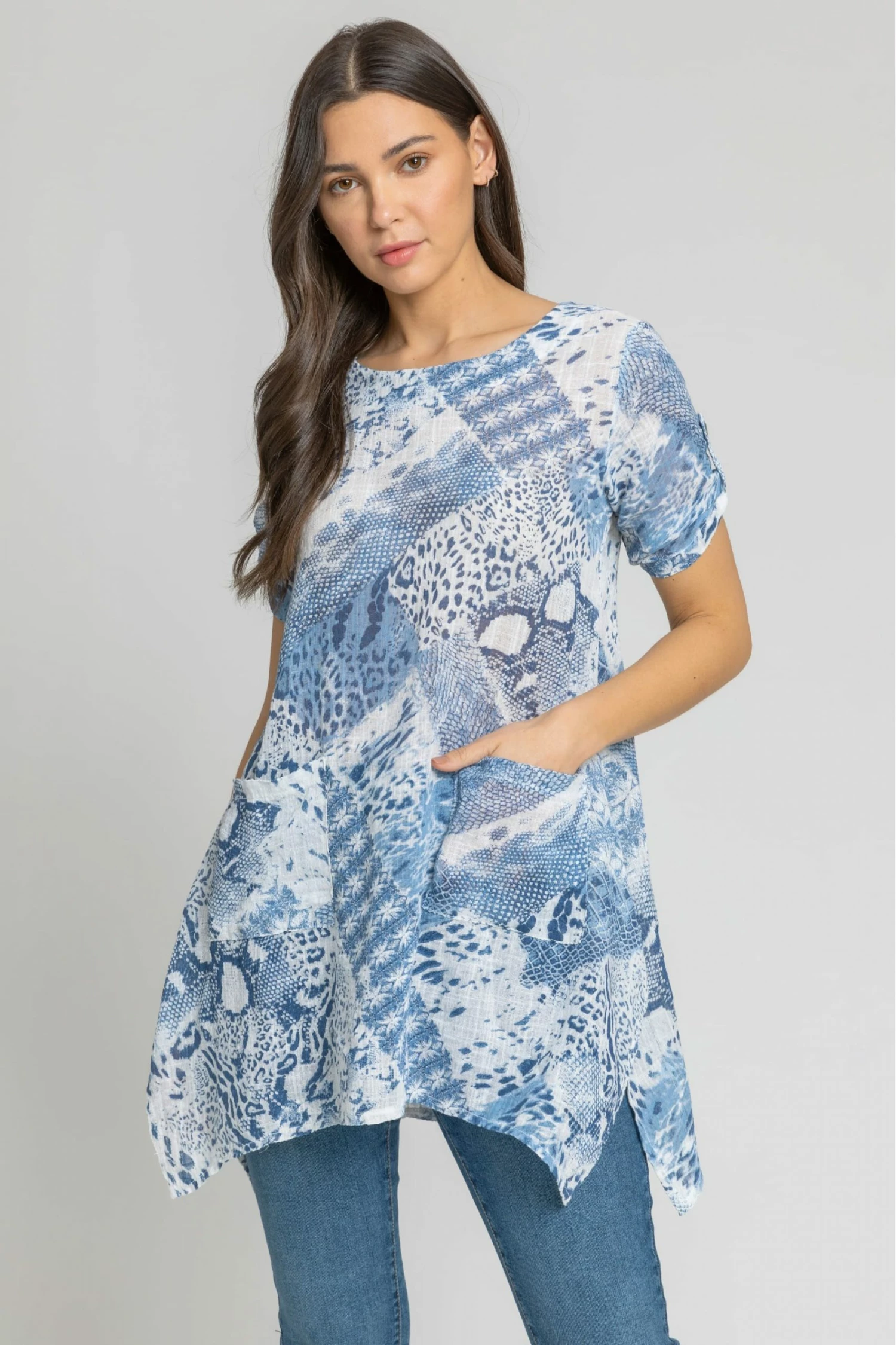 Roman Blue Patchwork Animal Hanky Hem Top 3 Roman Blue Patchwork Animal Hanky Hem Top