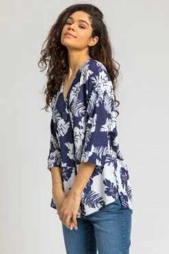 Roman Blue Contrast Palm Leaf Print Tunic Top