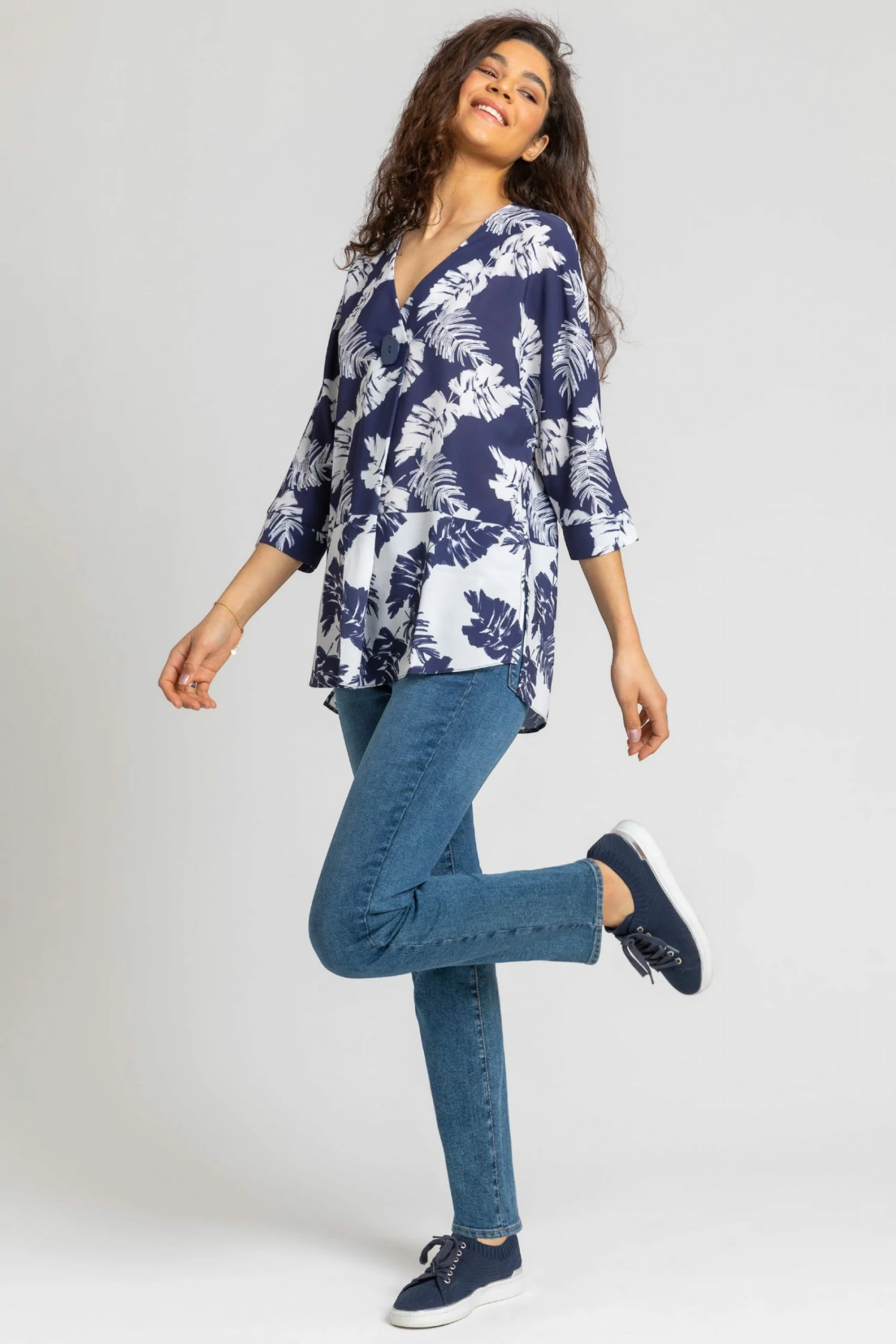 Roman Blue Contrast Palm Leaf Print Tunic Top 5 Roman Blue Contrast Palm Leaf Print Tunic Top - Image 3