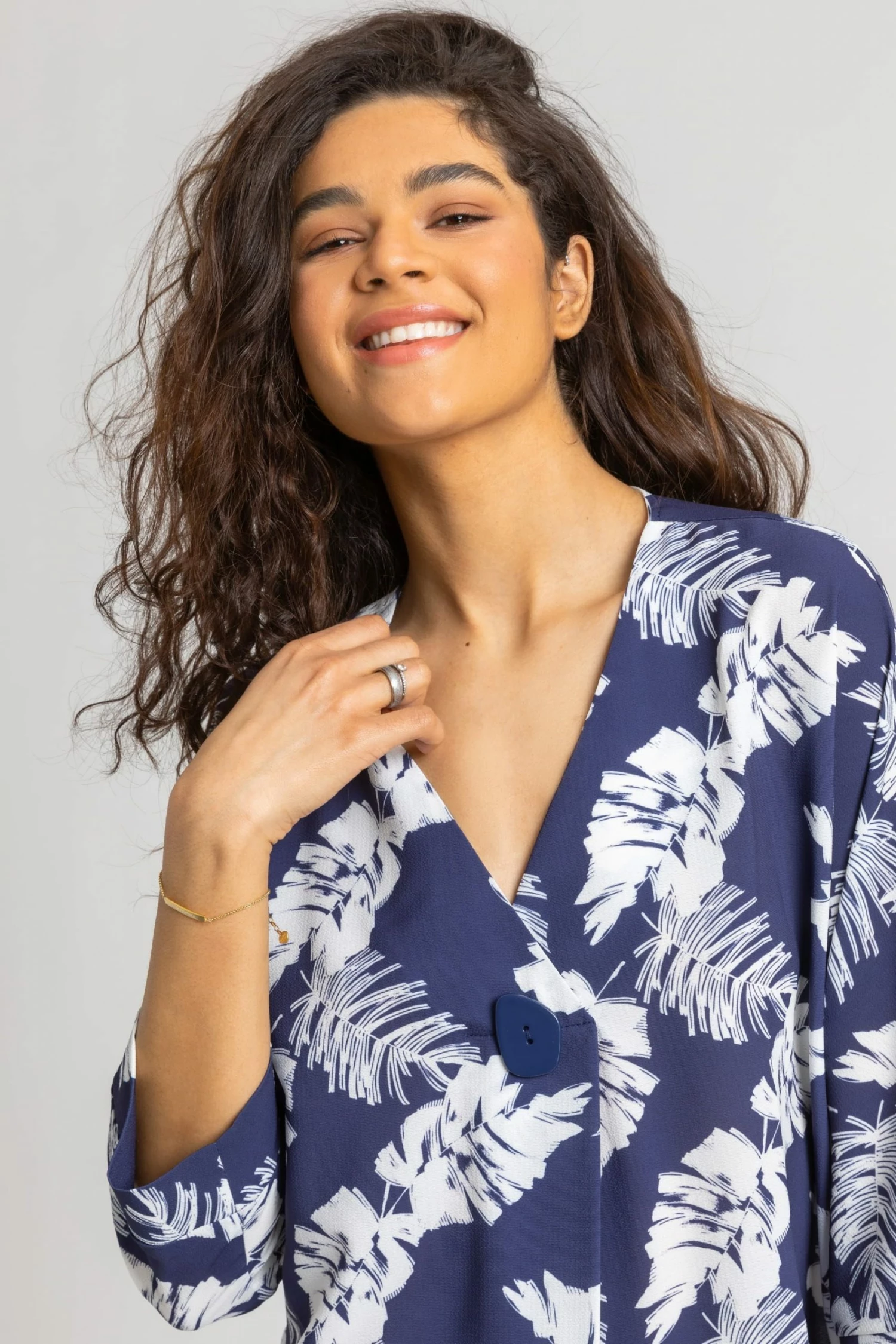Roman Blue Contrast Palm Leaf Print Tunic Top 6 Roman Blue Contrast Palm Leaf Print Tunic Top - Image 4