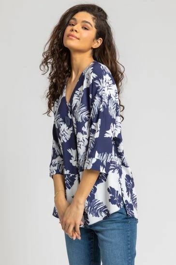 Roman Blue Contrast Palm Leaf Print Tunic Top 7 Roman Blue Contrast Palm Leaf Print Tunic Top - Image 5