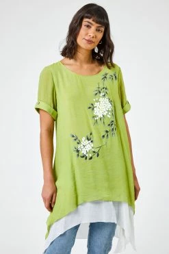 Roman Green Floral Print Asymmetric Tunic Top