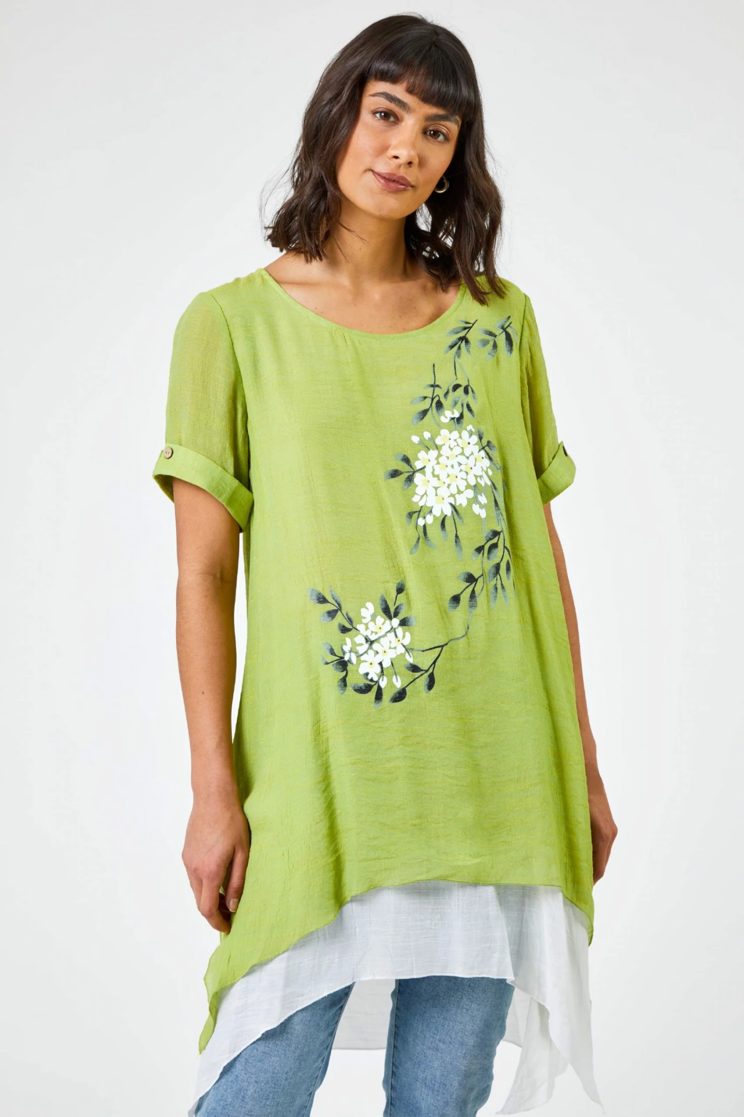 Roman Green Floral Print Asymmetric Tunic Top 3 Roman Green Floral Print Asymmetric Tunic Top