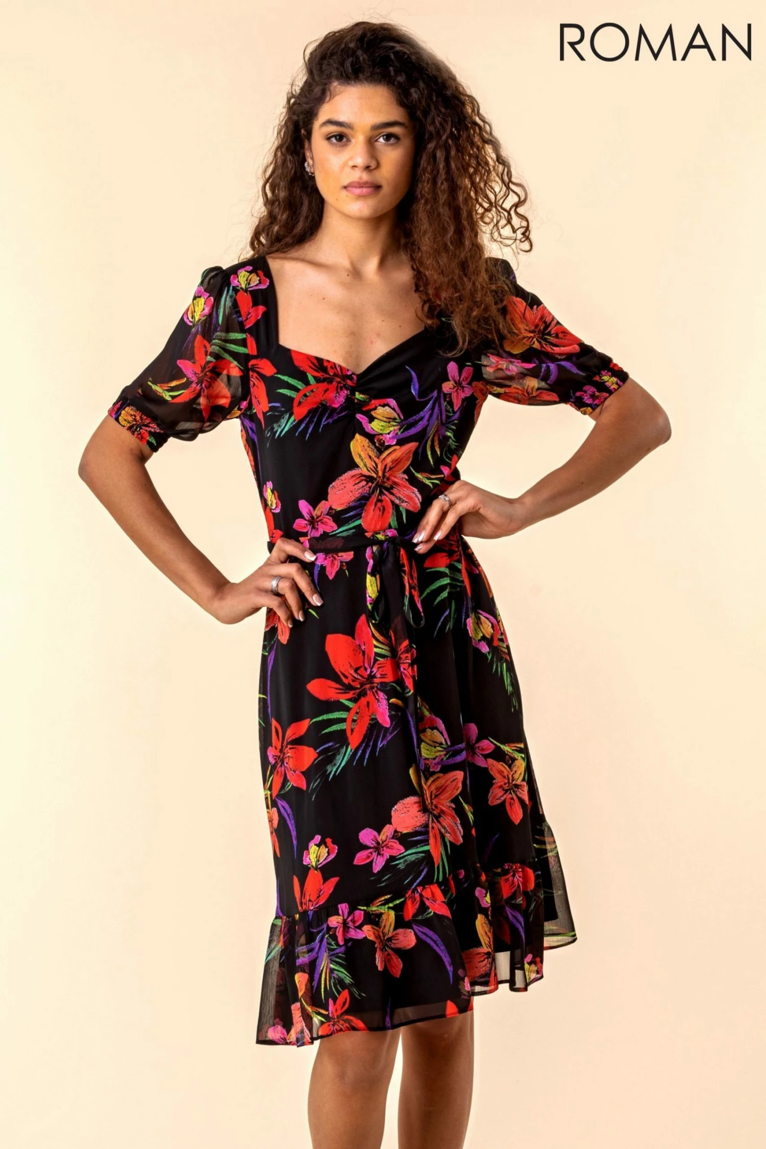 Roman Black Tropical Floral Print Tea Dress 3 Roman Black Tropical Floral Print Tea Dress