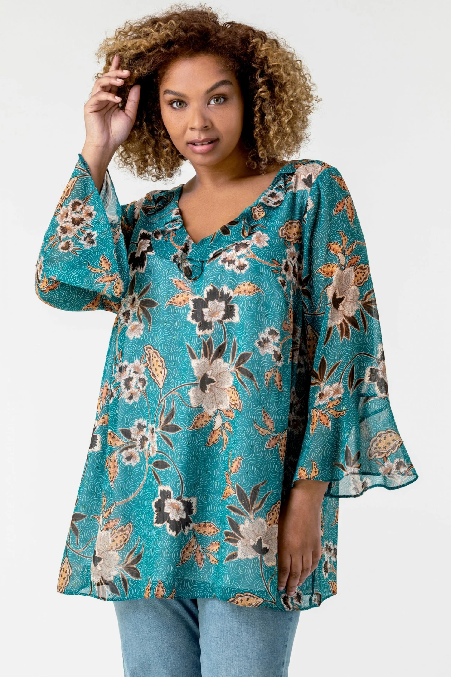 Roman Blue Curve Textured Spot Frill Detail Top 3 Roman Blue Curve Textured Spot Frill Detail Top