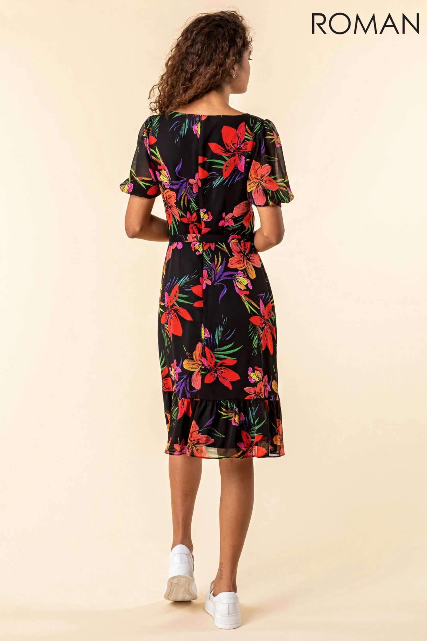 Roman Black Tropical Floral Print Tea Dress 4 Roman Black Tropical Floral Print Tea Dress - Image 2