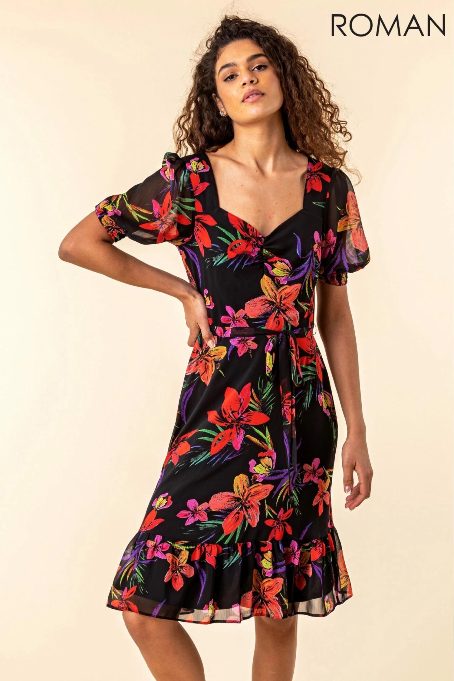 Roman Black Tropical Floral Print Tea Dress 5 Roman Black Tropical Floral Print Tea Dress - Image 3
