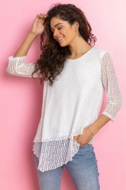 Roman White Burnout Spot Print Asymmetric Top