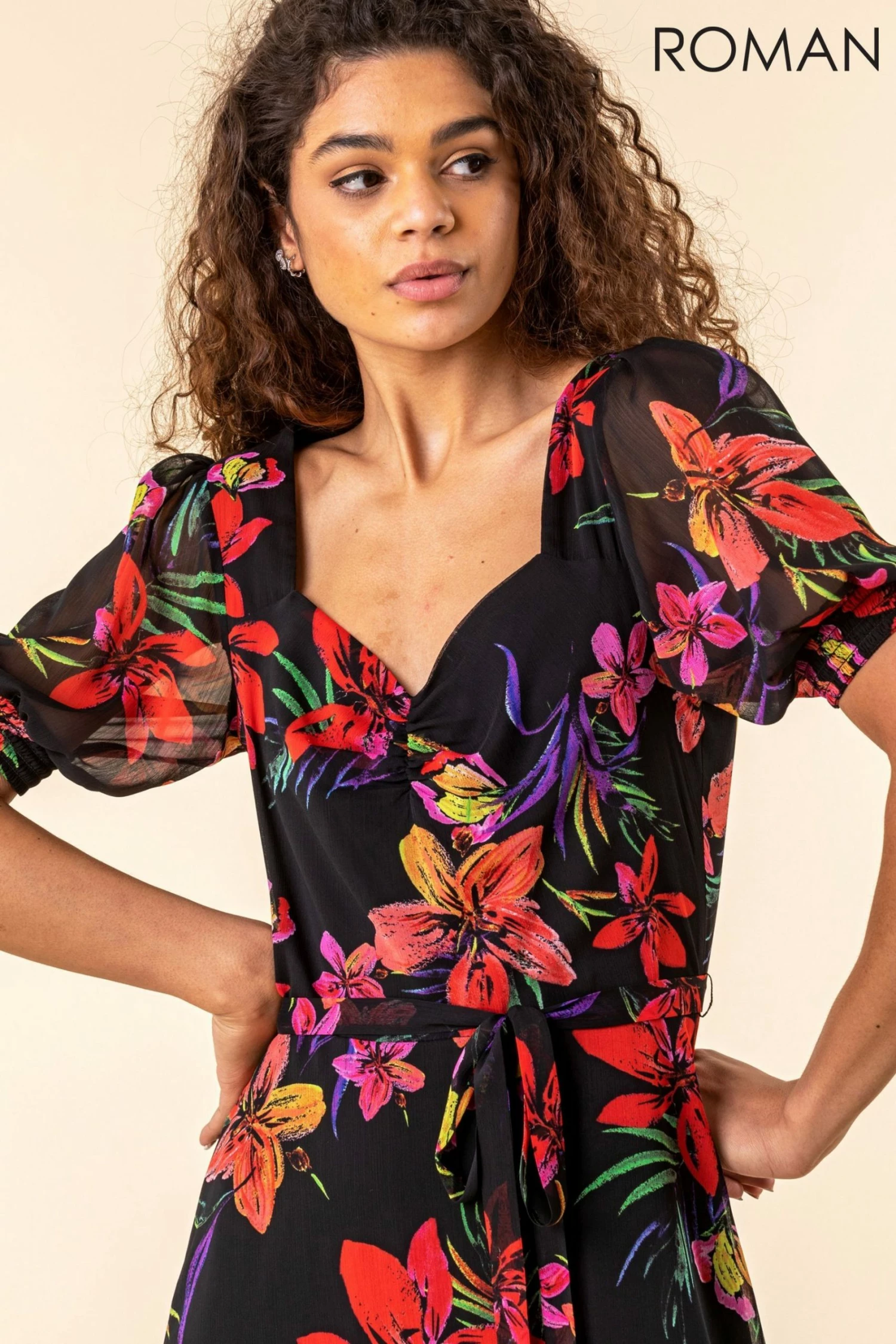 Roman Black Tropical Floral Print Tea Dress 6 Roman Black Tropical Floral Print Tea Dress - Image 4