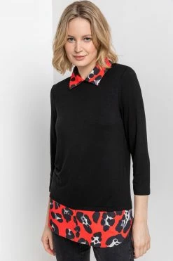 Roman Red Contrast Detail Animal Print Top