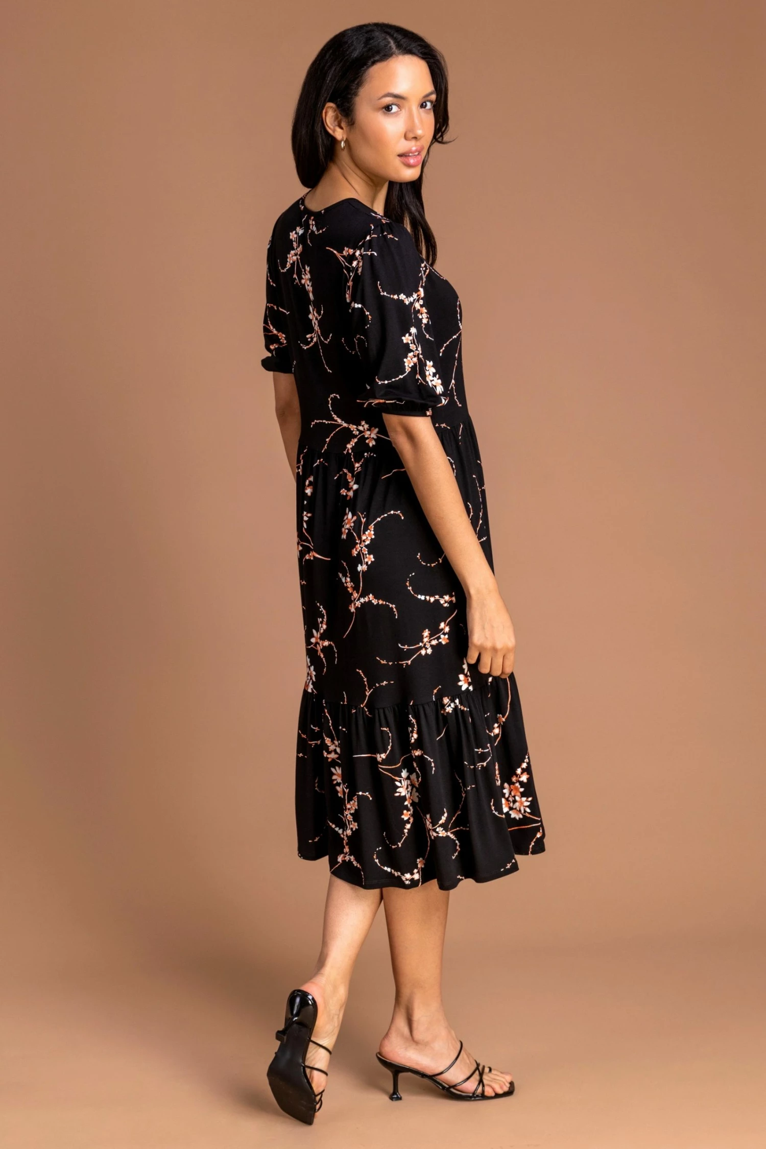 Roman Black Floral Print Tiered Midi Dress 4 Roman Black Floral Print Tiered Midi Dress - Image 2