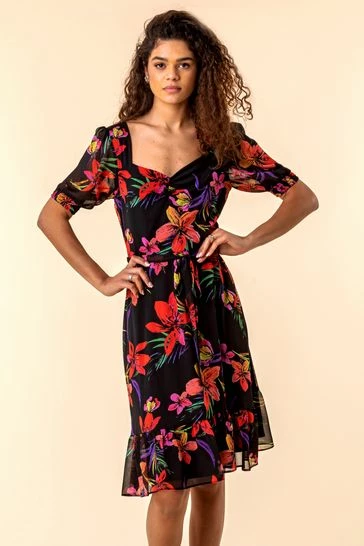 Roman Black Tropical Floral Print Tea Dress 7 Roman Black Tropical Floral Print Tea Dress - Image 5