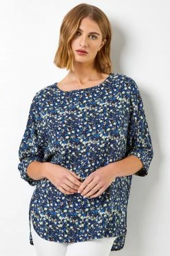 Roman Blue Ditsy Floral Print Tunic Top