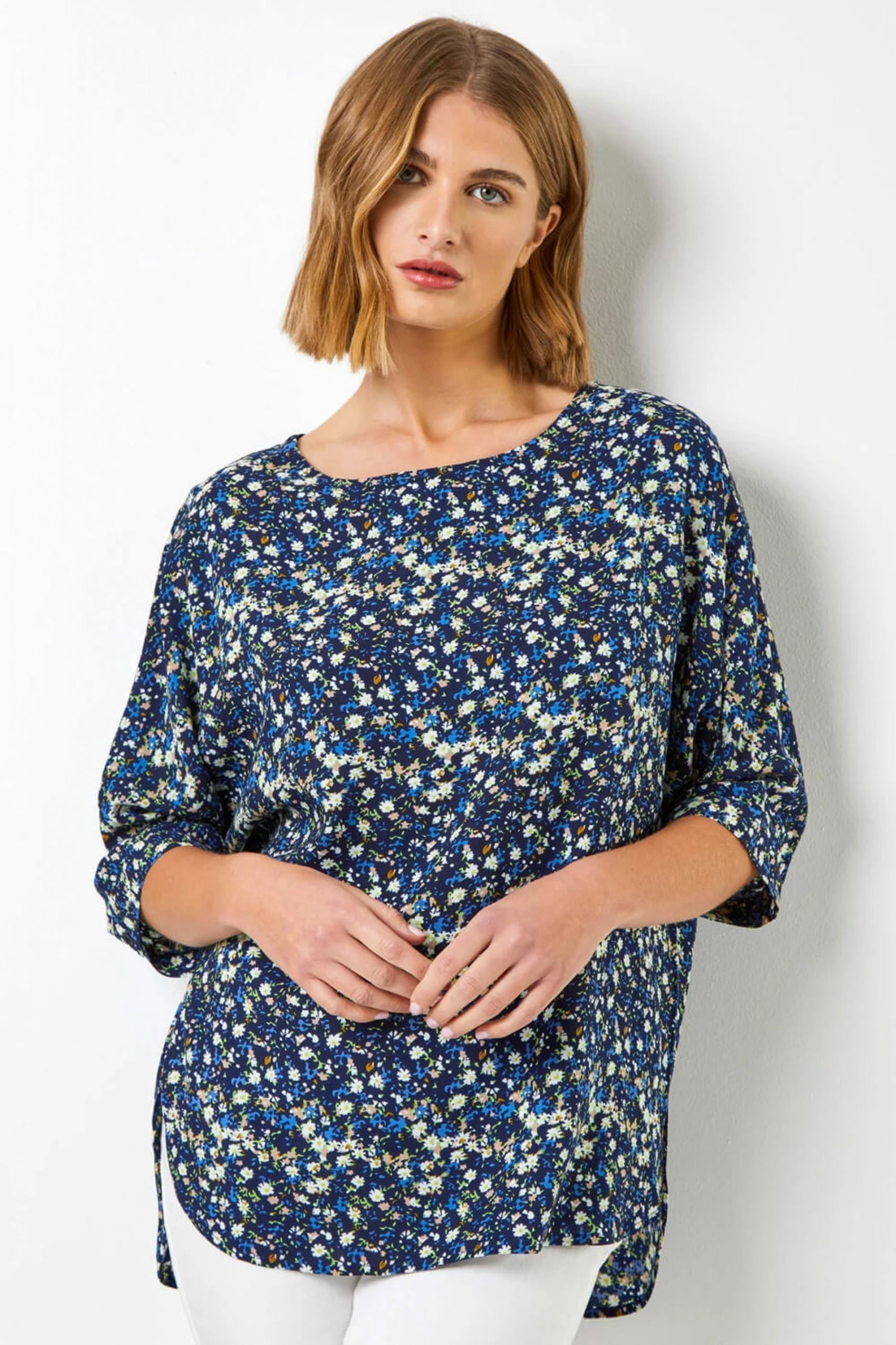 Roman Blue Ditsy Floral Print Tunic Top 3 Roman Blue Ditsy Floral Print Tunic Top