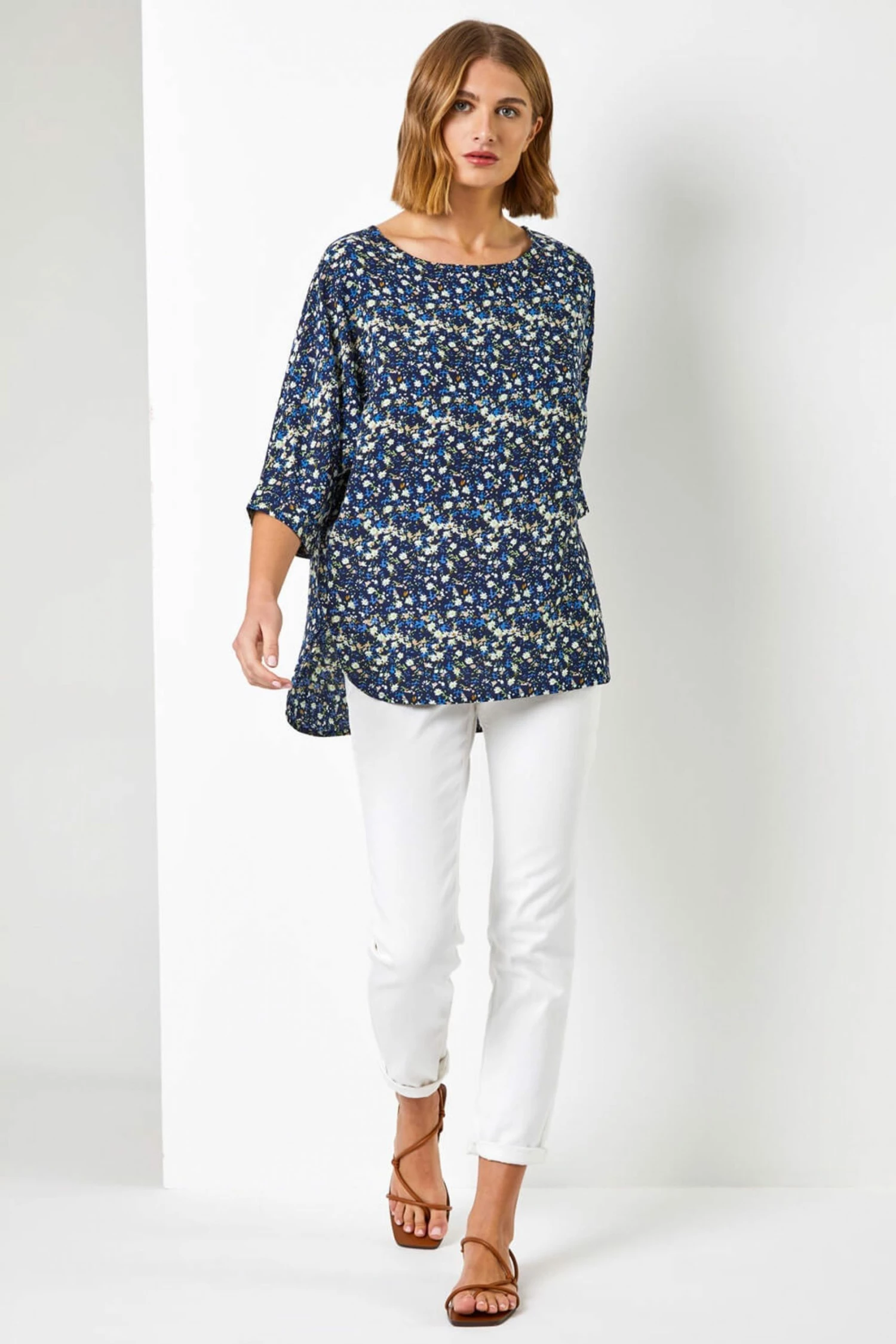 Roman Blue Ditsy Floral Print Tunic Top 4 Roman Blue Ditsy Floral Print Tunic Top - Image 2