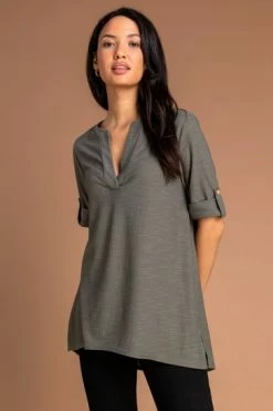 Roman Khaki Textured Notch Neck Top Navy -Roman Sales Shop unnamed file 7914