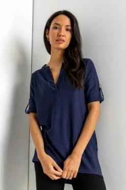 Roman Khaki Textured Notch Neck Top Navy -Roman Sales Shop unnamed file 7915