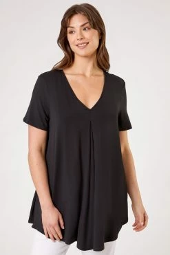 Roman Black Curve Pleat Front Jersey Tunic Top