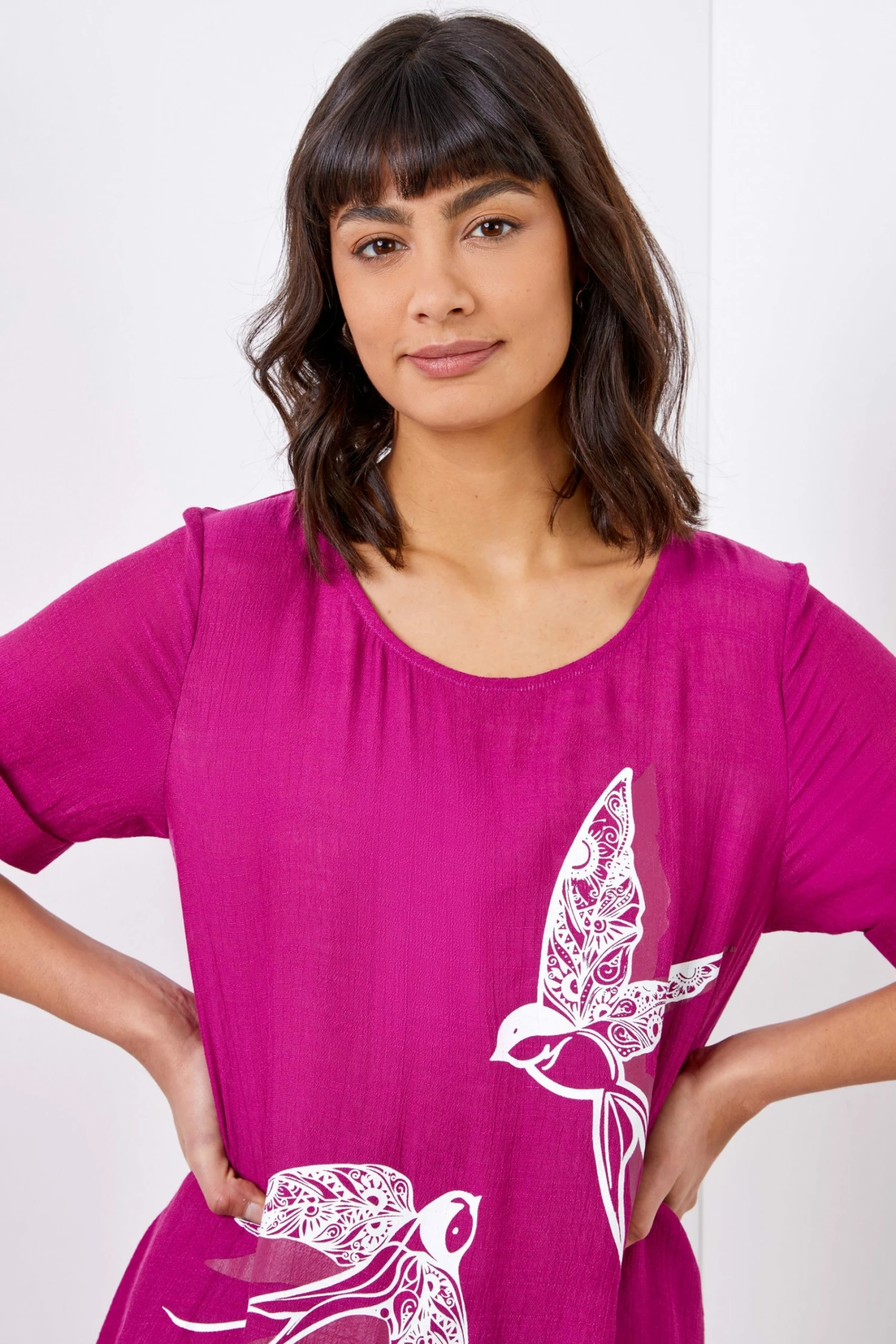 Roman Pink Bird Print Asymmetric Tunic Top 6 Roman Pink Bird Print Asymmetric Tunic Top - Image 4