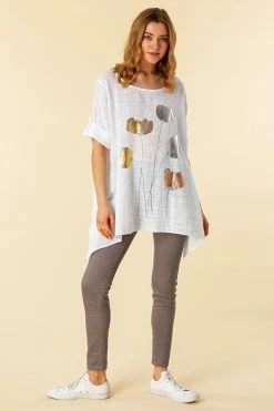 Roman White Foil Print Asymmetric Tunic Top