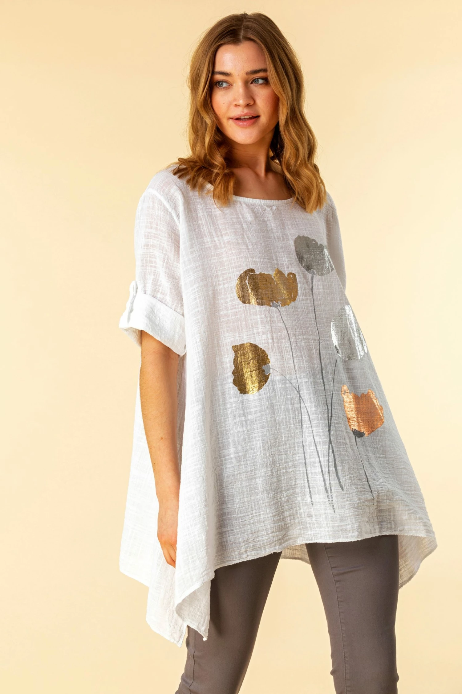 Roman White Foil Print Asymmetric Tunic Top 5 Roman White Foil Print Asymmetric Tunic Top - Image 3