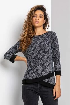 Roman Silver Shimmer Geo Print Asymmetrical Top