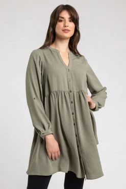 Roman Green Curve Plain Button Through Tunic