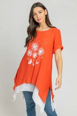 Roman Orange Dandelion Floral Hanky Hem Tunic Top