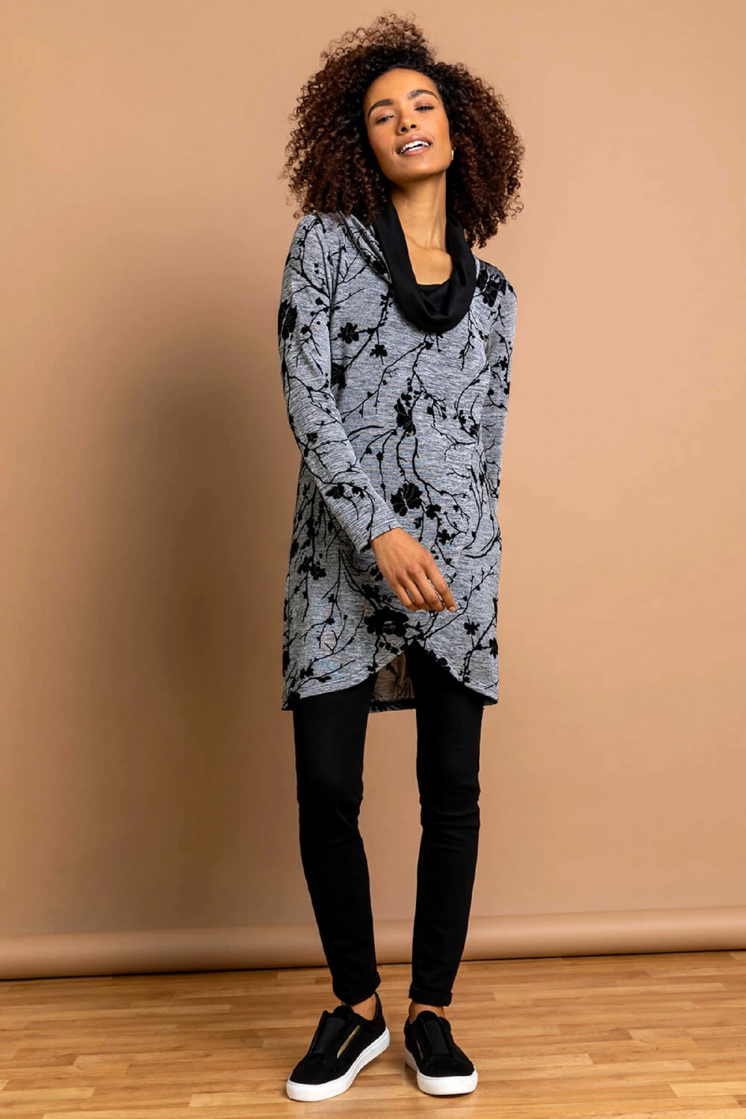 Roman Grey Flocked Floral Cowl Neck Tunic 4 Roman Grey Flocked Floral Cowl Neck Tunic - Image 2