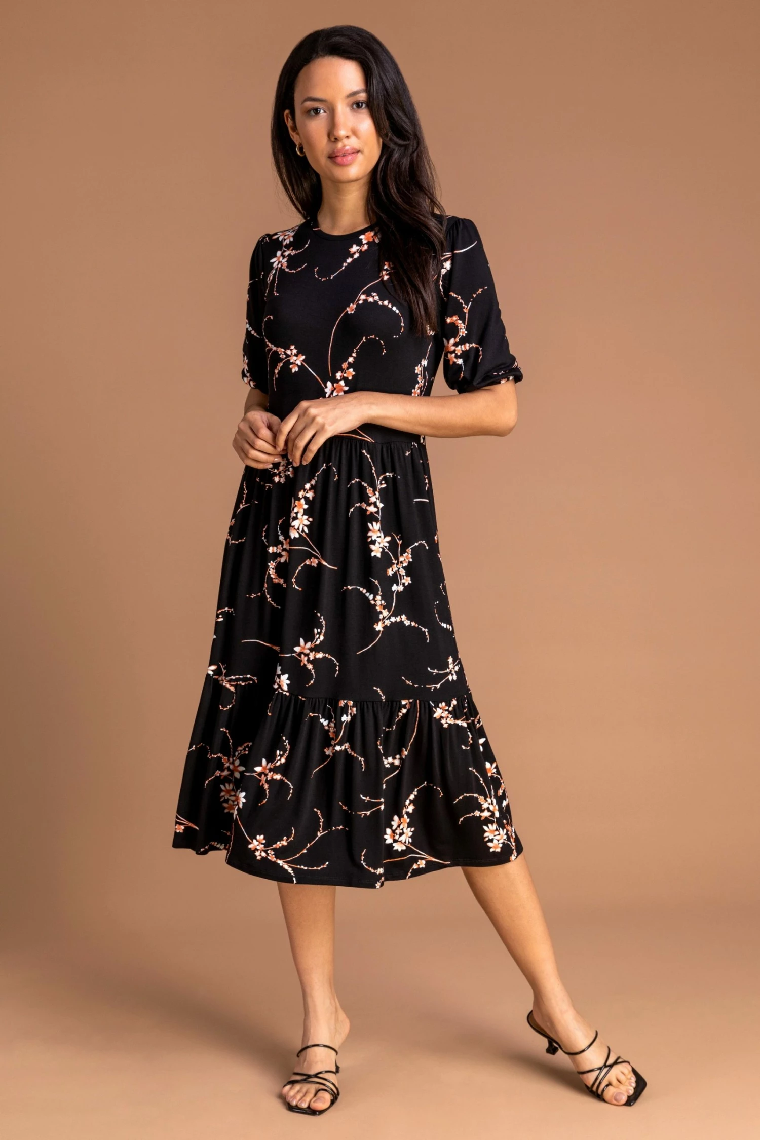 Roman Black Floral Print Tiered Midi Dress 5 Roman Black Floral Print Tiered Midi Dress - Image 3