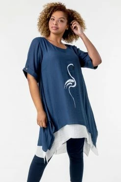 Roman Blue Curve Flamingo Print Asymmetric Tunic Top